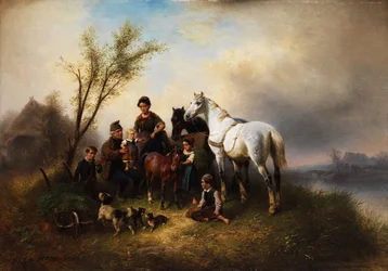 Bäuerliche Familie am Flussufer